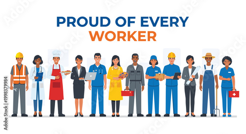 Diverse group of workers proudly standing together, representing a variety of professions and showing dedication to their work. This image celebrates the contributions of every worker.
