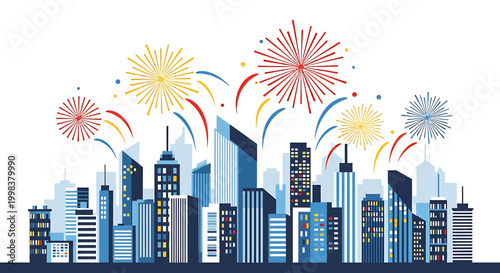 Festive City Skyline With Colorful Fireworks Celebration Illustration