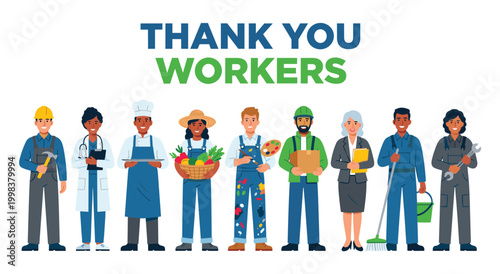 Diverse group of workers standing together in a line, smiling and holding their work tools and accessories, celebrating the importance of labor and professionalism in various industries.