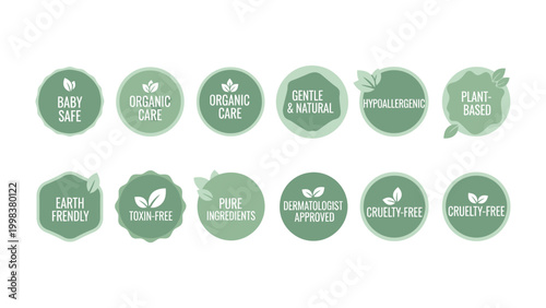 Eco-Friendly Badges: A collection of fresh, green badges showcases commitment to baby-safe, organic care, gentle and natural, hypoallergenic, plant-based, earth-friendly, toxin-free, pure ingredients.