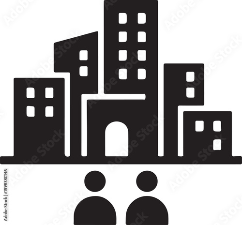 A black icon showing a community center building behind two people, representing urban living, public services, social gathering, or civic support.