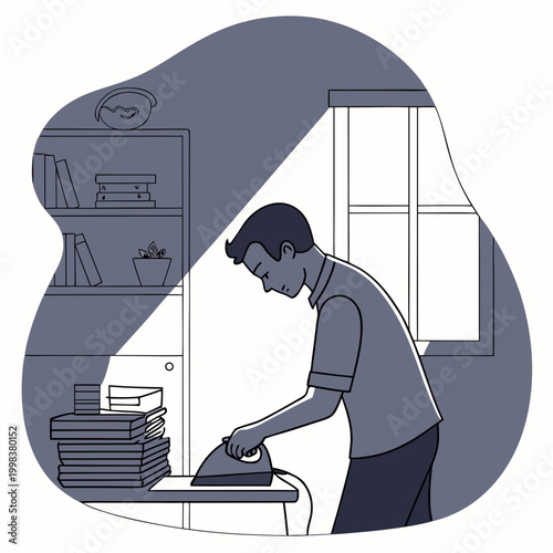 Father ironing school uniforms at home