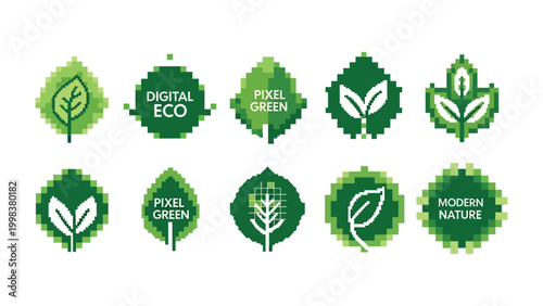 Digital Eco Leaf Design Collection: A collection of pixelated leaf designs with text, reflecting themes of digital eco, pixel green, and modern nature