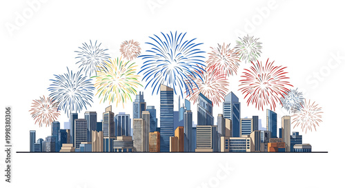 Stylized Cityscape Skyline with Vibrant Bursting Fireworks Display Celebration