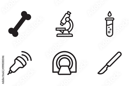 A diverse collection of medical equipment icons including a microscope, MRI scanner, bone, and surgical scalpel