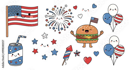 Kawaii Patriotic American Flag Hamburger Drink Can Fireworks Balloon Holiday Celebration Collection