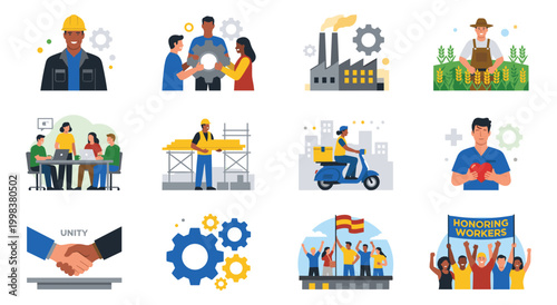 Flat vector icons set showcasing various workers, professional human occupations, teamwork, industry, agriculture, construction, delivery, healthcare, unity, and honoring working employees.