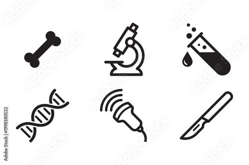 Crucial black and white icons depicting fundamental tools and concepts in scientific and medical fields