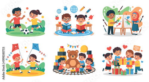 Flat vector illustrations set of happy children playing, learning, painting, kite flying, interacting with teddy bear, and sharing gifts during celebrations in daily life activities.