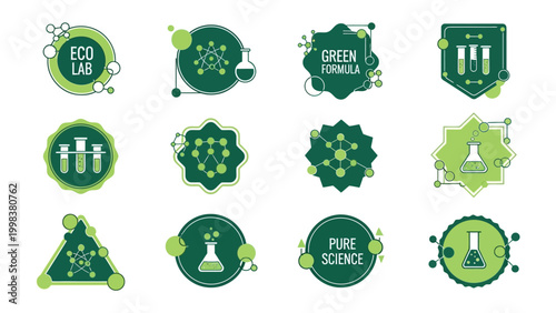 Eco-Science Icons: A collection of meticulously crafted eco-science icons, perfect for representing environmental research and green technology initiatives. Featuring elements like lab flasks.