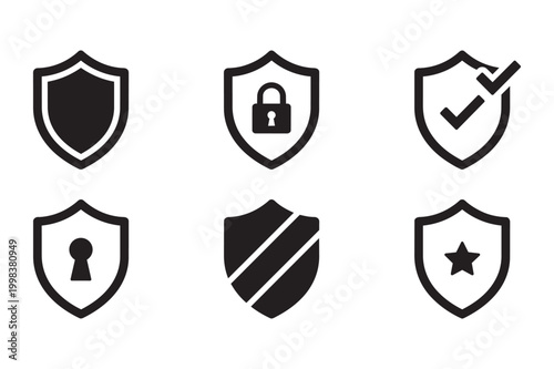 Six black shield icons display general security, locked access, verified status, and key protection