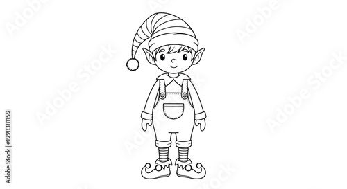 Cute little christmas elf wearing a festive hat and striped clothing standing in a simple pose