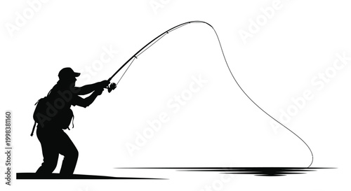 Black silhouette of a fisherman casting or reeling in a catch with a bent fishing rod.