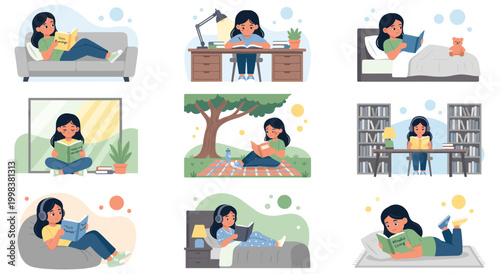 Comprehensive set of illustrations featuring a girl character reading books in different settings like library chair bed park outdoors and sofa. Perfect for educational concepts.