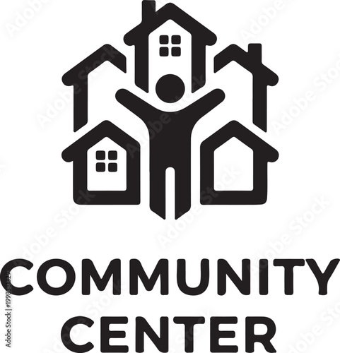 This graphic features a minimalist icon of a person centered amidst four house silhouettes, accompanied by the bold text "COMMUNITY CENTER" below.