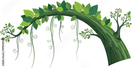 A green archway made from a tree trunk with leaves and branches on a white background looking like a natural entrance