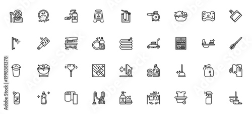 Cleaning and Housework icon set. Vector illustration pack with maid, laundry, vacuum, mop, brush, sponge, detergent, bucket and more household symbols.