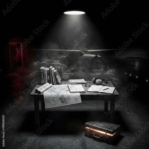 Dream of flight: A dramatic noir-style workspace with aviation blueprints and a red portal.