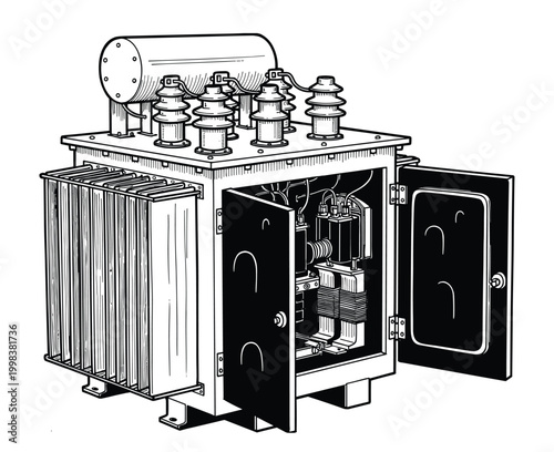 Industrial power transformer vector drawing with detailed internal electrical components.
