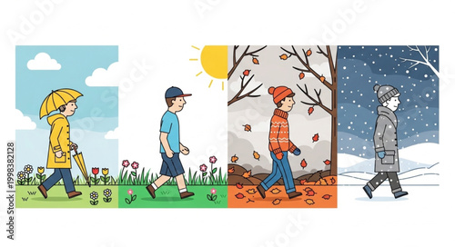 Child experiencing four seasons in a single illustration.