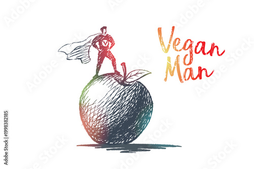 Vegan Man standing on fresh Apple