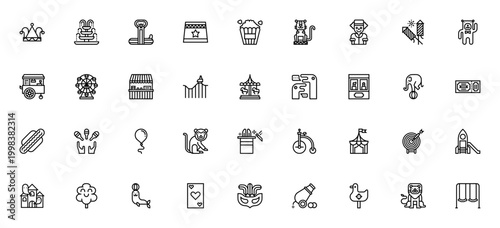 Circus and amusement park icon set. Vector illustration featuring clown, ferris wheel, roller coaster, popcorn, tiger, fireworks, carousel and more.