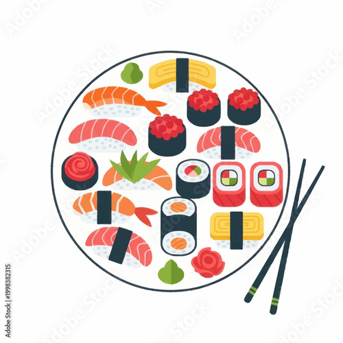 Delicious Assortment of Sushi and Sashimi on a Round Plate.