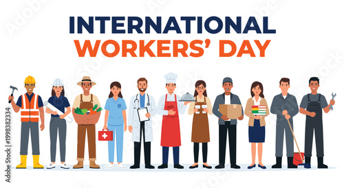International Workers Day celebration, diverse professions, different jobs, workers unite, honoring labor, May Day holiday, professional workers, teamwork, career diversity, showing respect.