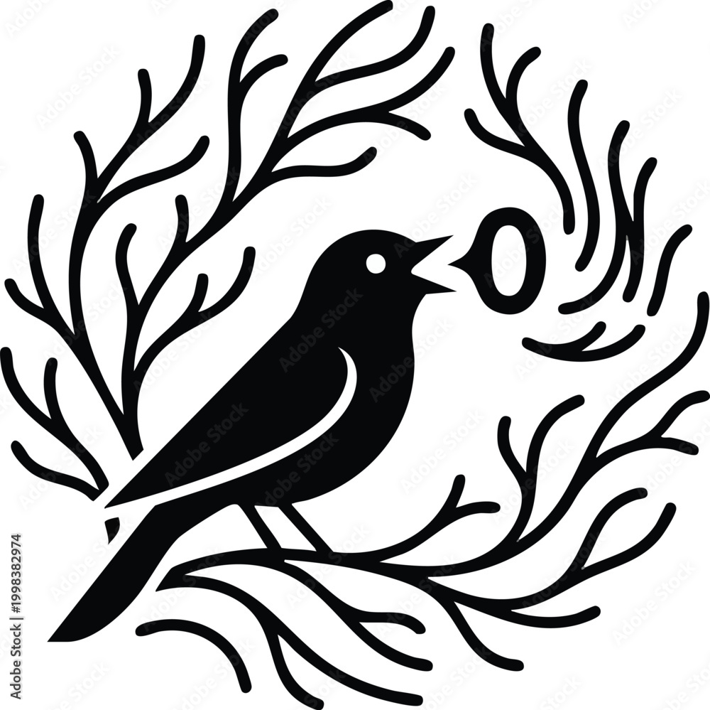 Obraz premium Black Bird on Branch Giving Speech in Circle Minimalist Illustration