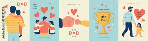 Billede på lærred Set of Father's Day cards in a modern flat style with grainy texture