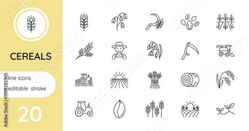 A set of linear icons for cereals, growing, and harvesting. Vector, isolated, editable