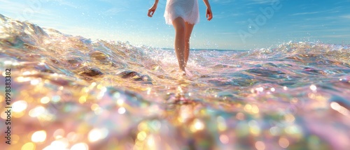 Walking through colorful ocean waves beach lifestyle photography serene environment low angle view tranquil concept