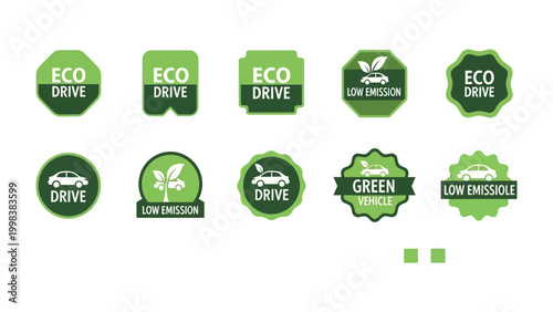 Eco-Friendly Emblems: An array of eco-drive and low-emission badges, representing green vehicles and sustainable driving initiatives, showcasing commitment to environmental conservation.
