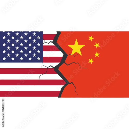 USA China Flag Crack Symbolizing Conflict, Trade War, Political Tension