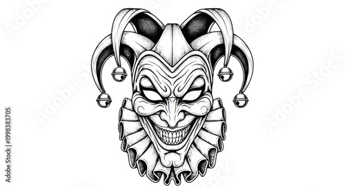 Photos Scary Jester Face Tattoo Design, Evil Clown Mask, Horror Character Illustration