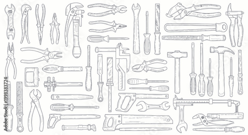 Collection of Hand Tools - Drawing Style - DIY and Repair Equipment