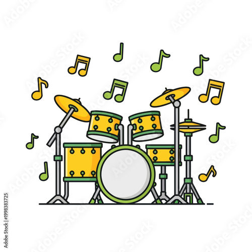 Cartoon Drum Set with Musical Notes, Vector Illustration