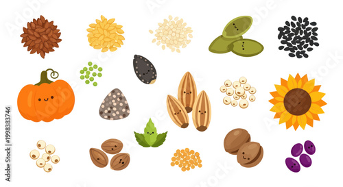Healthy Seeds and Grains Assortment, Cute Kawaii Food Illustrations