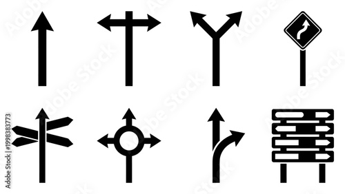 Collection of traffic junction and directional road sign silhouettes