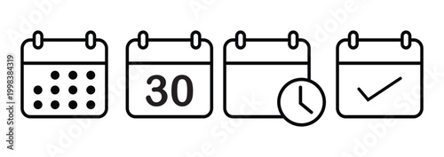 Calendar Icon Set with Date Time and Checkmark Symbols in Outline Style Vector Set