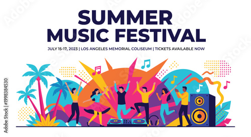 Vibrant summer music festival advertisement. Features diverse people dancing with joyful expressions, palm trees, musical notes and a DJ setup, announcing event date and location.
