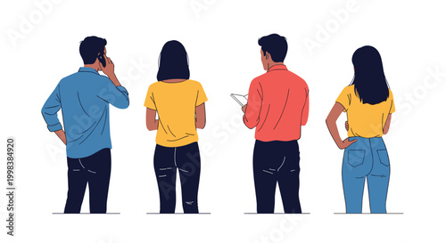 Rear view of four diverse young adults standing side by side in casual clothing including a man on a phone and individuals reading or relaxing.