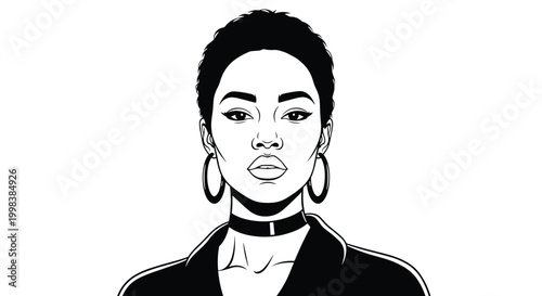 Minimalist black and white line art portrait of a young woman with short hair wearing hoop earrings and a choker on a clean white background.