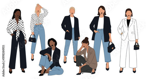Group of seven diverse women posing in trendy business casual outfits such as blazers and denim against a white background for fashion concepts.