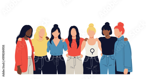 Diverse group of women of different ethnicities standing together with arms around each other in a display of friendship unity and female empowerment.