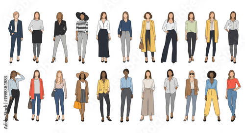 Diverse collection of women dressed in various stylish professional and casual outfits is presented in a flat vector style.