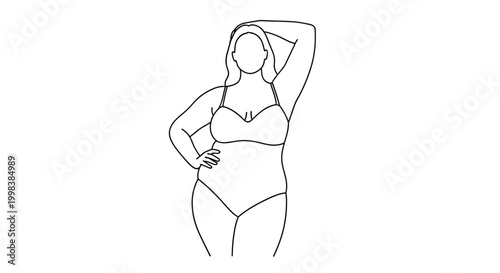 Minimalist black line drawing of a confident plus size woman in a swimsuit posing gracefully on a clean white background for body positivity.