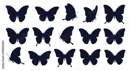 Extensive collection of butterfly silhouettes in various sizes and wing positions for decorative patterns nature themes and graphic design projects.