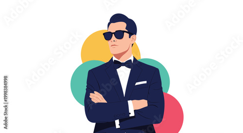 Confident man in a dark navy tuxedo and sunglasses standing with arms crossed against a backdrop of colorful circles for luxury events or parties.