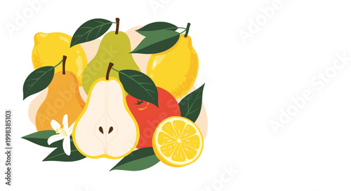 Colorful illustration shows a fresh cluster of green and orange pears, yellow lemons, and a red apple with green leaves.